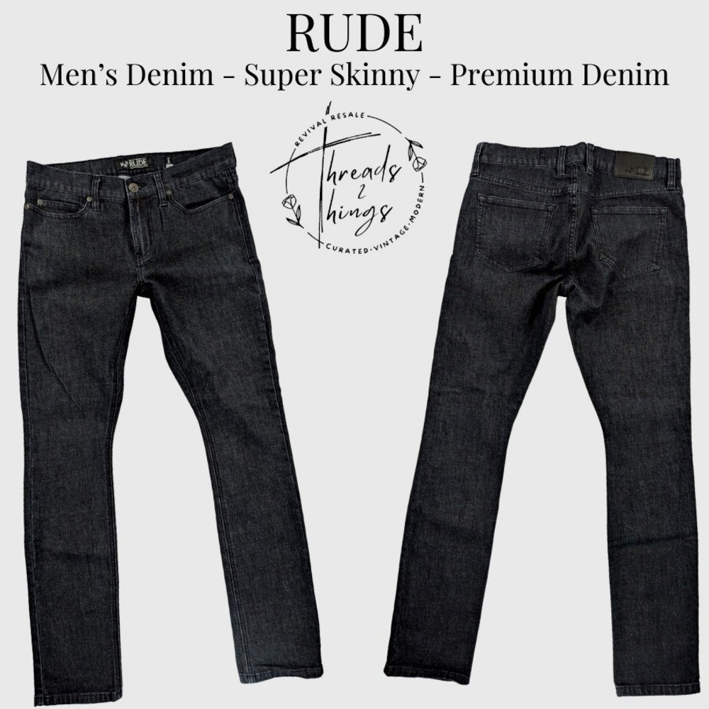 Rude Jeans Mens 30 Black Wash Super Skinny Premium Denim Punk Goth Grunge Emo